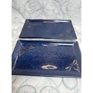 Set of 2 Blue Ceramic Dragonfly Plates‎ 9x5" Rectangular Sushi Appetizer Dishes